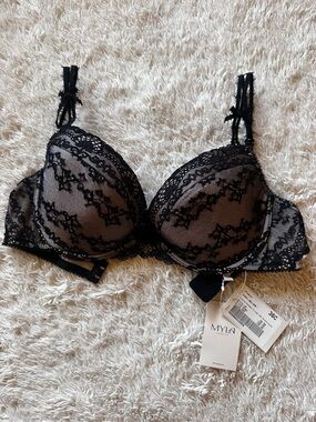 Myla London Nicole Padded Plunge Lace Bra Black Nude 36C NWT